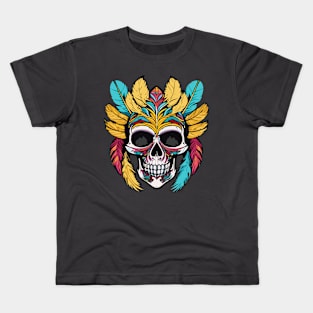 t-shirt design, colorful skull with feathers on it’s head, digital art Kids T-Shirt